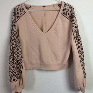 Free People Cropped Embroidered Sleeve Sweatshirt